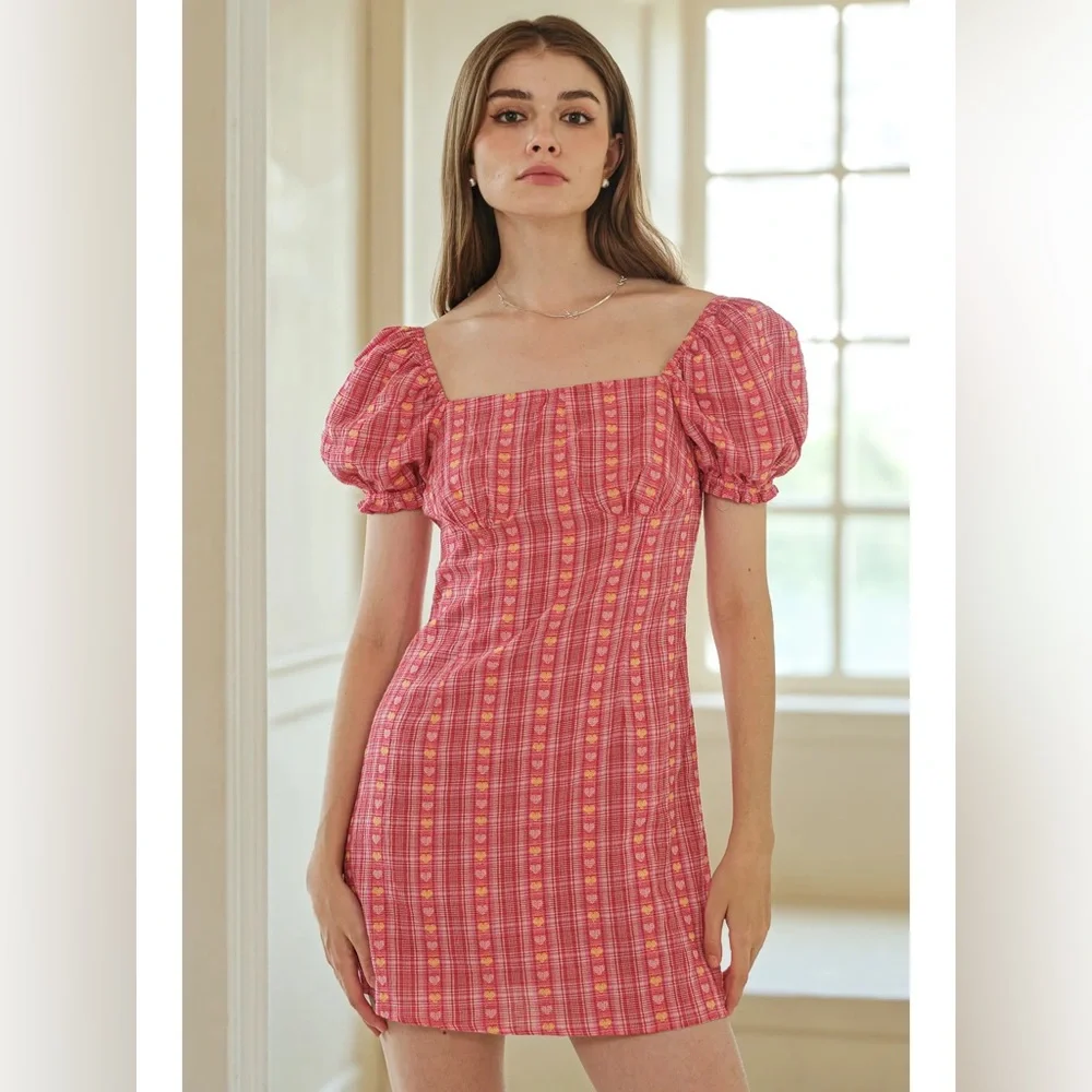 Rosie Posie Pink Yellow Heart-Patterned Plaid Puff Sleeve Dress NWT size medium - Picture 2 of 4